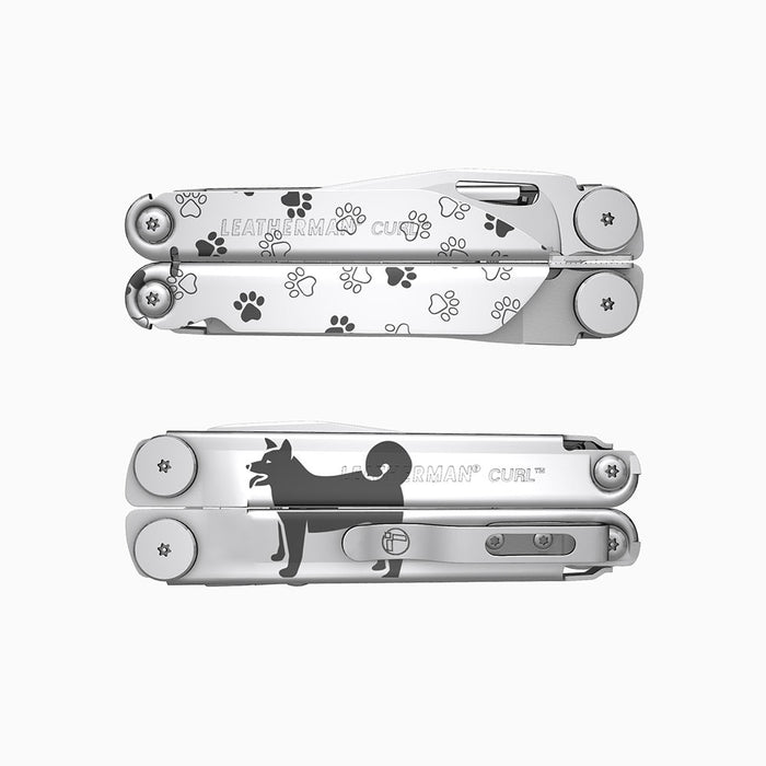 Translation missing: fr.A stainless steel Leatherman Curl multitool engraved with playful pawprints and a silhouette of a dog