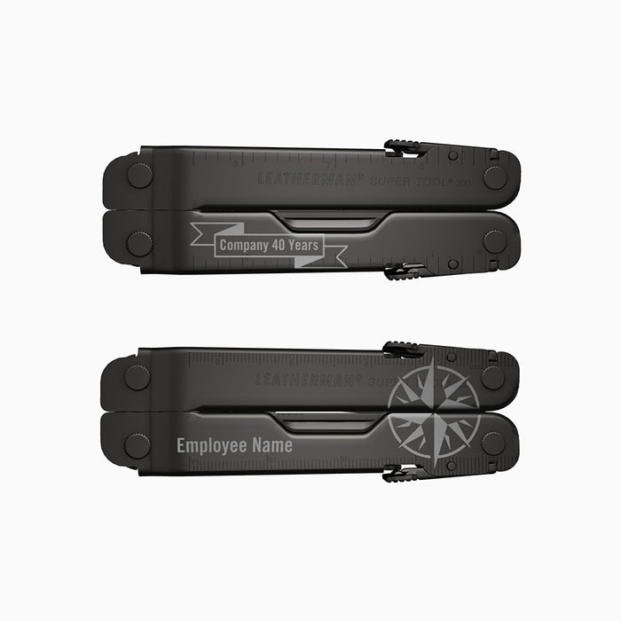 Translation missing: fr.A black Leatherman Super Tool 300 multitool customized with “Company 40 Years” inside a banner on one handle and “Employee Name” with a compass graphic on the other