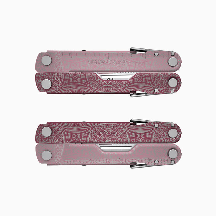 Translation missing: fr.A cranberry-colored Leatherman Rebar multitool with intricate mandala-style engravings. The knife blade is personalized with a placeholder for “Name.”