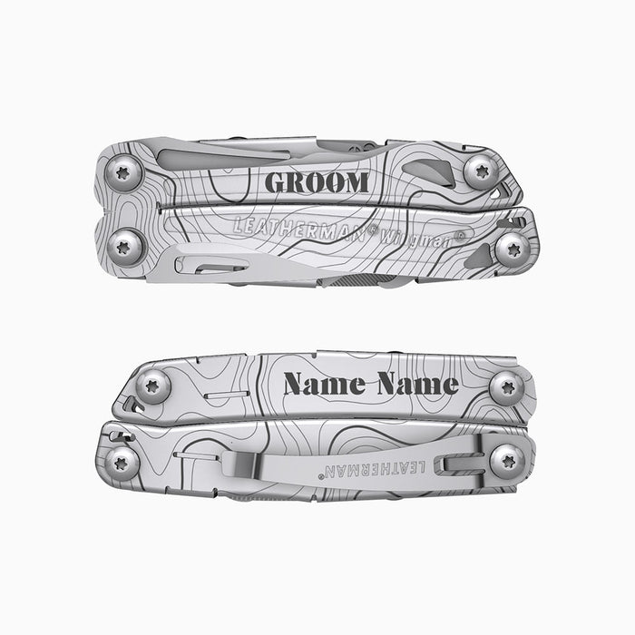 Translation missing: fr.A stainless steel Leatherman Wingman multitool engraved with topographic map lines. One handle side features the word “GROOM,” while the other is personalized with “Name Name.”