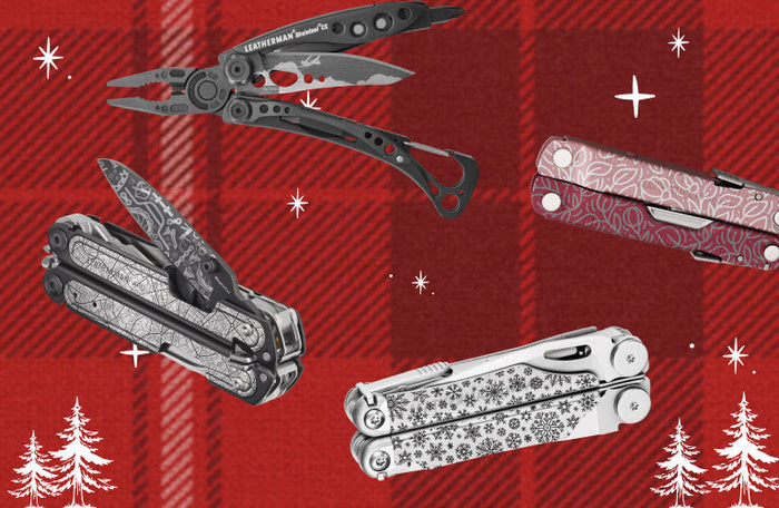 Translation missing: en.Customized Leatherman multitools in a festive design on a plaid background, showcasing features and versatility