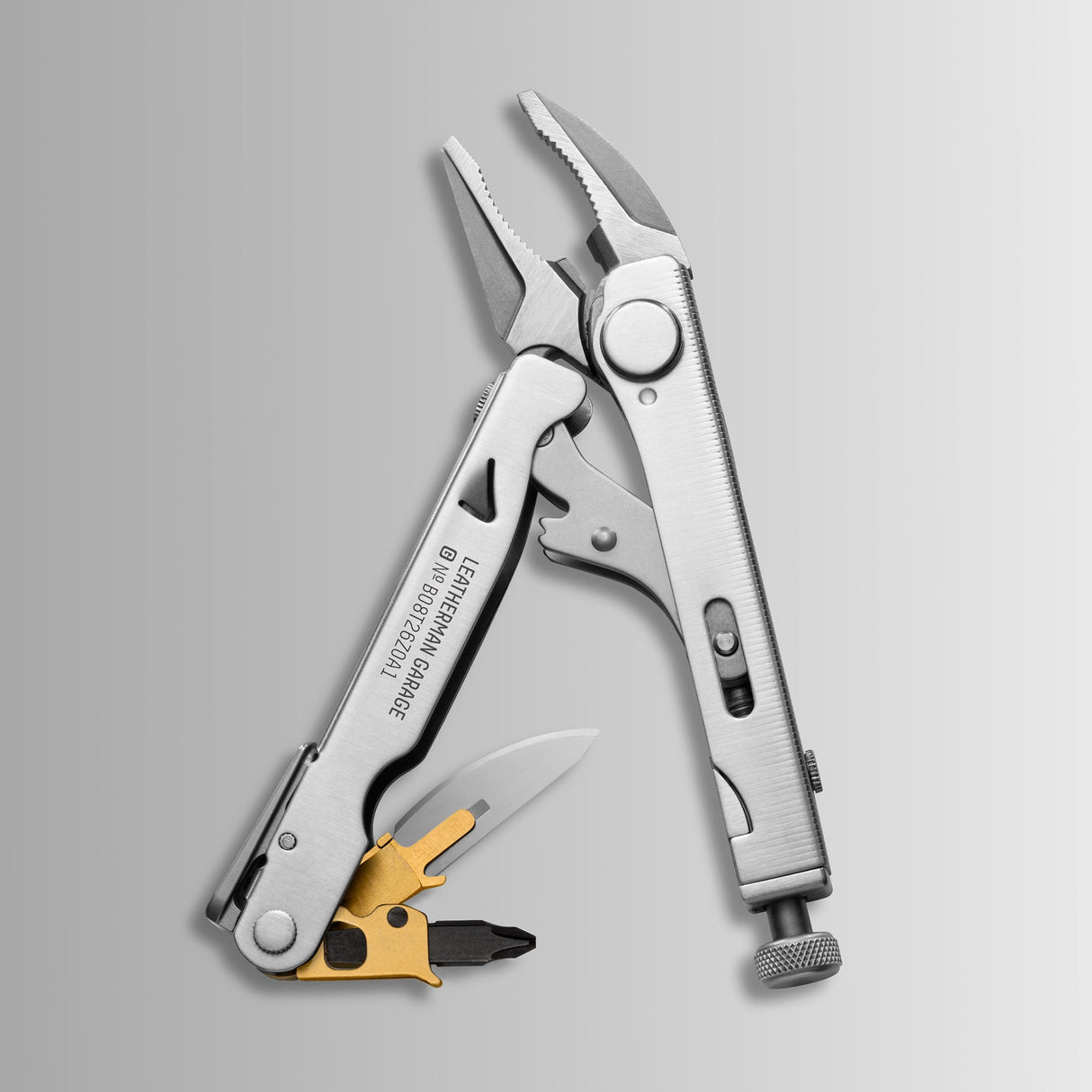 Translation missing: en.Stainless steel Batch #008: Captain's Crunch multitool with open pliers, knife blade, and gold bit holder showing interchangeable driver bits