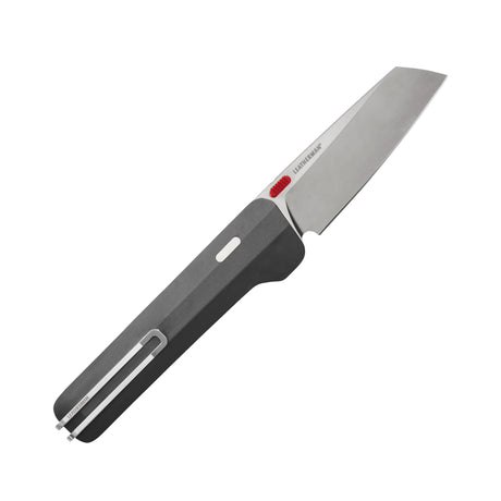 Translation missing: fr.Leatherman Glider folding knife with a Jet Black textured handle, stainless steel blade, and red thumb stud, shown open on a white background