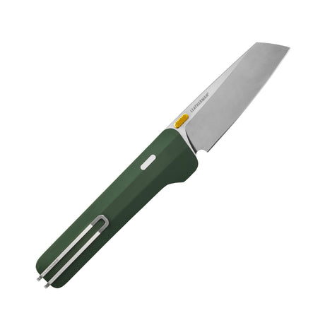 Translation missing: fr.Leatherman Glider folding knife with Okra textured handle, stainless steel blade, and yellow thumb stud, shown open on a white background