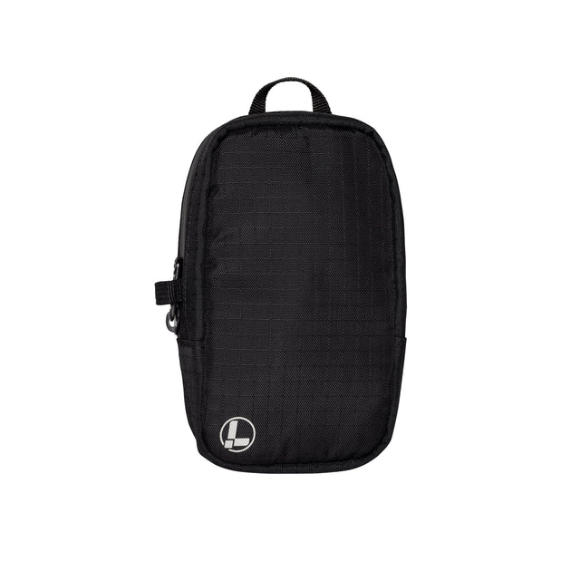 Translation missing: fr.A Leatherman Tool Pouch in a Black color, featuring a minimalist rectangular design with a grid-patterned fabric texture, a black top loop for carrying, and a side zipper with a pull tab. The pouch is adorned with a subtle Leatherman logo in the lower left corner