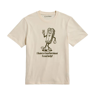 Translation missing: en.Natural gold tee shirt with the Mr. Wave logo displaying a character based on the Wave with the slogan 'I have a Leatherman, I can help!"