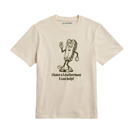 Translation missing: fr.Natural gold tee shirt with the Mr. Wave logo displaying a character based on the Wave with the slogan 'I have a Leatherman, I can help!"