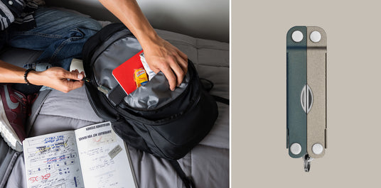 Translation missing: en.Person packing a North Star Micra multi-tool, notebook, and school essentials into a backpack