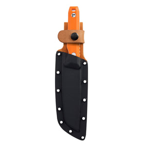 Translation missing: en.Leatherman Orange pop Pioneer knife resting in Black and Brown leather sheath in white background