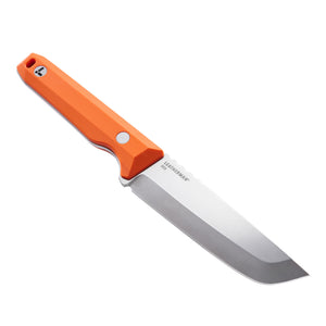 Translation missing: en.Leatherman Pioneer knife with Orange pop handle, stainless steel blade shown open on a white background