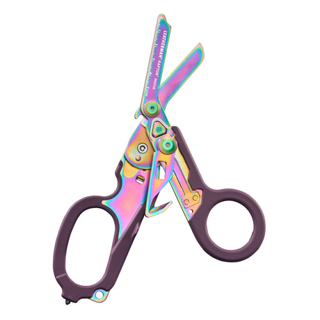 Translation missing: fr.Raptor® Rescue folding shears in Rainbow color with purple handles, shown open to display blades and tool details