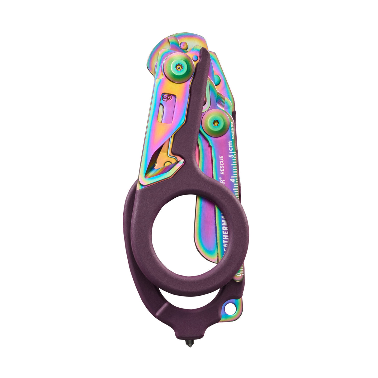 Translation missing: en.Folded Raptor® Rescue tool with Rainbow finish and dark handle, showing the ring grip and compact profile