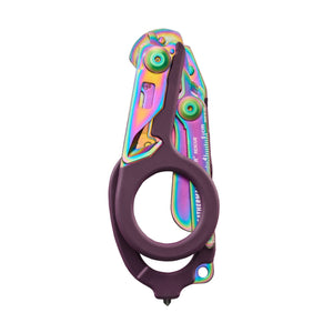 Translation missing: en.Folded Raptor® Rescue tool with Rainbow finish and dark handle, showing the ring grip and compact profile