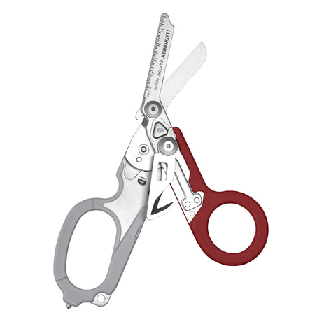 Translation missing: fr.Open Garnet Leatherman Raptor Rescue trauma shears with premium scissors and various tools