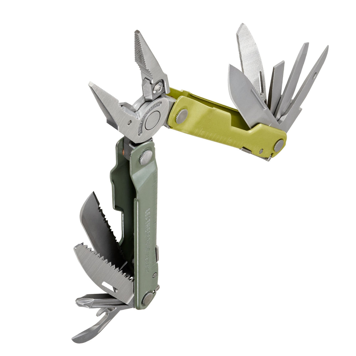 Translation missing: en.Mossy Slate Leatherman Rebar® multi-tool beauty image showing various knife, pliers, and screwdriver features