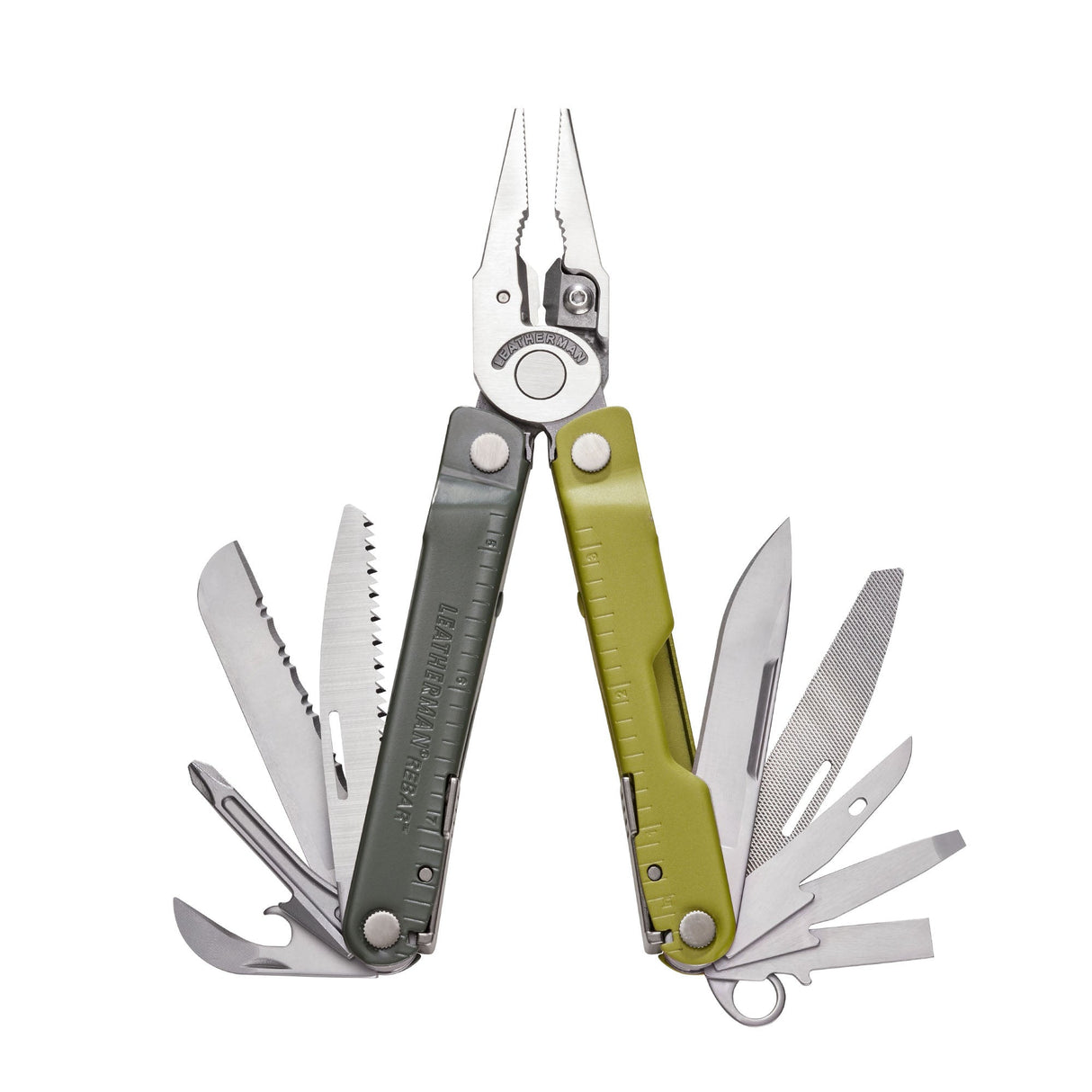 Translation missing: en.Mossy Slate Leatherman Rebar® multi-tool with pliers and various tools, showcasing the durable design and ergonomic handles