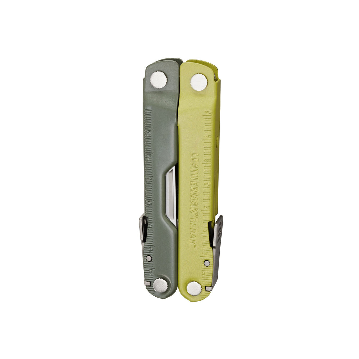 Translation missing: en.Mossy Slate Leatherman Rebar® multitool closed, showcasing its sleek design and compact size