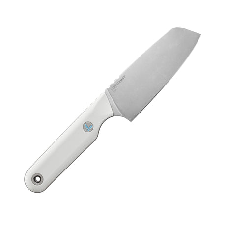 Translation missing: fr.Leatherman Rustle Alpine knife with a stonewashed stainless blade and sleek white handle, positioned at an angle on a white background