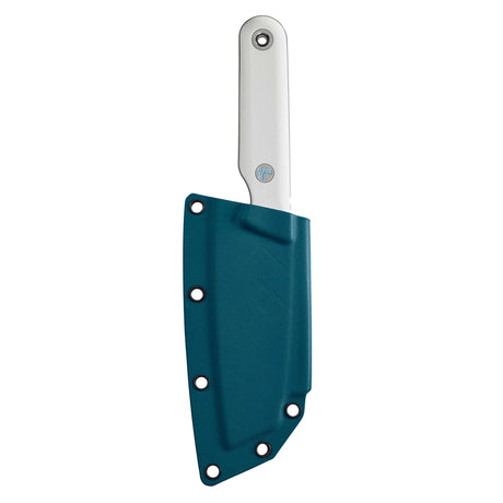 Translation missing: en.Alpine Leatherman Rustle knife inserted into a teal Kydex sheath, showing the alpine handle and logo against a white background