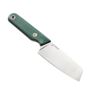 Translation missing: en.Leatherman Rustle Evergreen knife angled on a white background, showcasing its stainless steel blade and deep green handle with the Leatherman logo near the base
