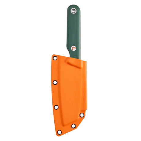 Translation missing: en.Leatherman Rustle Evergreen knife inserted into a bright orange sheath, showing the green handle and logo against a white background