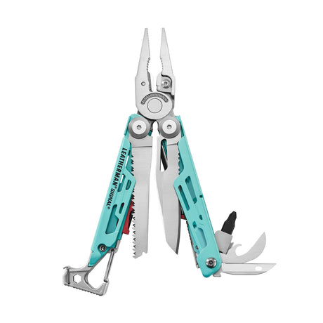 Translation missing: fr.Aqua and stainless Leatherman Signal® multi-tool showcasing pliers, blades, and other essential features for outdoor adventures