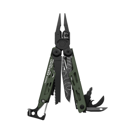 Translation missing: fr.Green Leatherman Signal® multi-tool showcasing pliers, blades, and other essential features for outdoor adventures