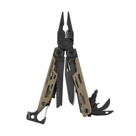 Translation missing: fr.Coyote Tan Leatherman Signal® multi-tool showcasing pliers, blades, and other essential features for outdoor adventures