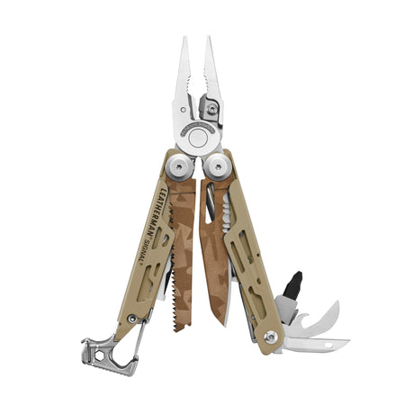 Translation missing: fr.Tan Leatherman Signal Sandstorm multitool open, showing pliers, saw, blade, bit driver and other fold-out tools