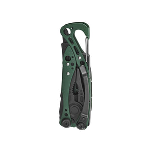 Translation missing: en.Folded Skeletool® CX multitool in OD Green with visible plier head and carabiner clip