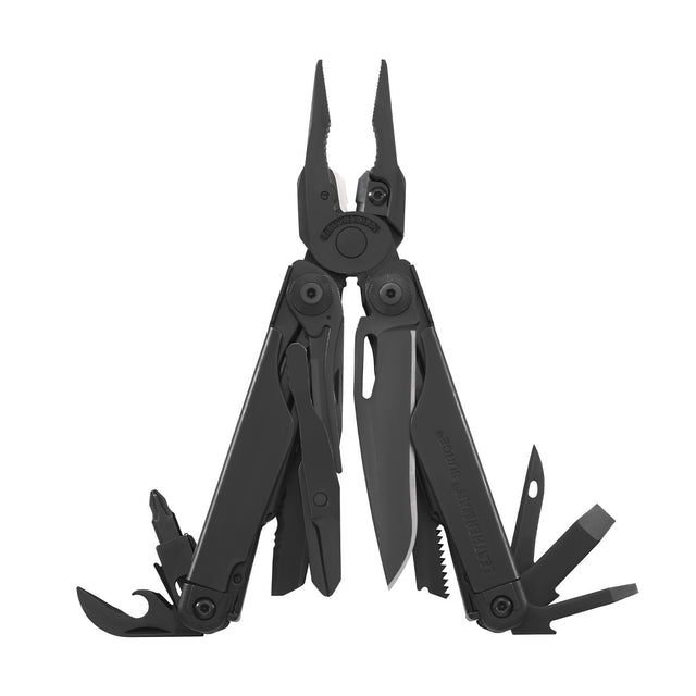 Translation missing: fr.Black Leatherman Surge® multi-tool with pliers, blades, and various tools displayed in an open position