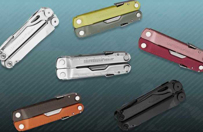 Translation missing: en.A variety of Leatherman multi-tools displayed on a textured blue background, showcasing different colors and designs