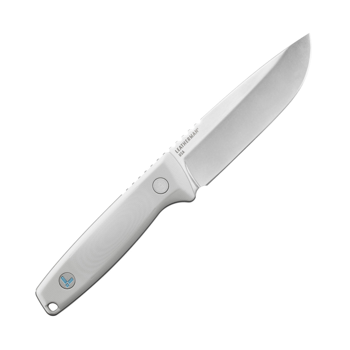 Translation missing: en.Leatherman Trac Alpine fixed-blade knife with a stainless steel drop point blade and smooth white handle featuring the Leatherman logo, displayed on a white background