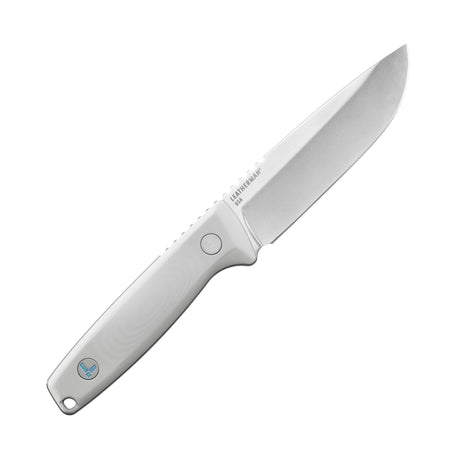 Translation missing: fr.Leatherman Trac Alpine fixed-blade knife with a stainless steel drop point blade and smooth white handle featuring the Leatherman logo, displayed on a white background