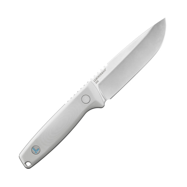 Translation missing: en.Leatherman Trac Alpine fixed-blade knife with a stainless steel drop point blade and smooth white handle featuring the Leatherman logo, displayed on a white background