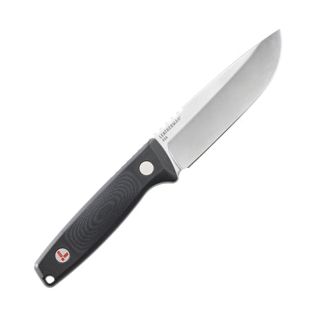 Translation missing: en.Leatherman Trac Jet Black fixed-blade knife with a full tang stainless steel blade and textured black handle, displayed on a white background