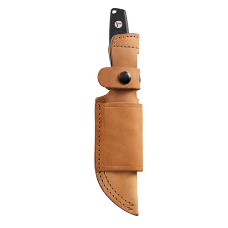 Translation missing: en.Leatherman Trac Jet Black fixed-blade knife sheathed in a tan leather belt sheath with black snap closures, displayed on a white background