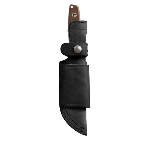 Translation missing: en.Leatherman Trac Earth Brown fixed-blade knife sheathed in a black leather belt sheath with silver snap closures, displayed on a white background