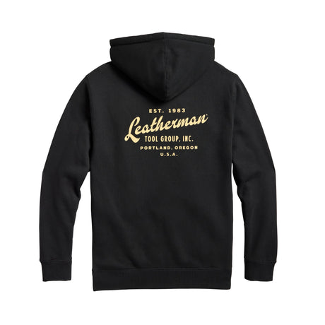 Translation missing: fr.Back of the black Leatherman Vintage hoodie. "Leatherman" is in a cursive font. Established 1983