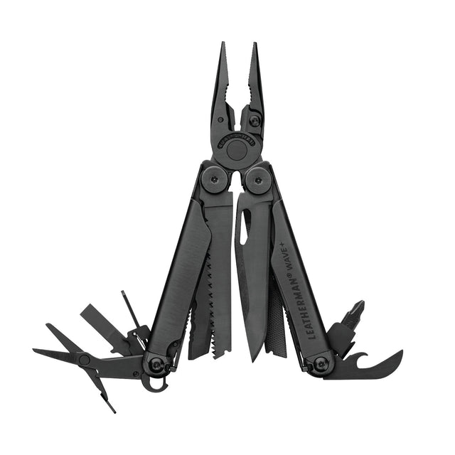 Translation missing: fr.Black Leatherman Wave® Plus multi-tool with pliers, blades, and multiple tools displayed in an open position