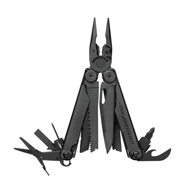 Translation missing: fr.Black Leatherman Wave® Plus multi-tool with pliers, blades, and multiple tools displayed in an open position
