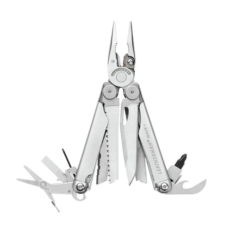 Translation missing: fr.Stainless steel Leatherman Wave® Plus multi-tool with pliers and various blades, ideal for DIY, home repairs, and jobsite use